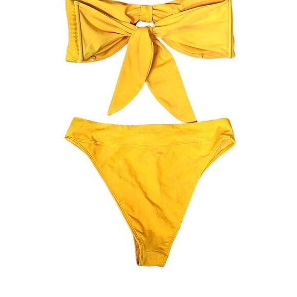 Abercrombie Yellow Ribbed Knot Bandeau Bikini Set XL Top L High Cheeky Bottom - Picture 5 of 16